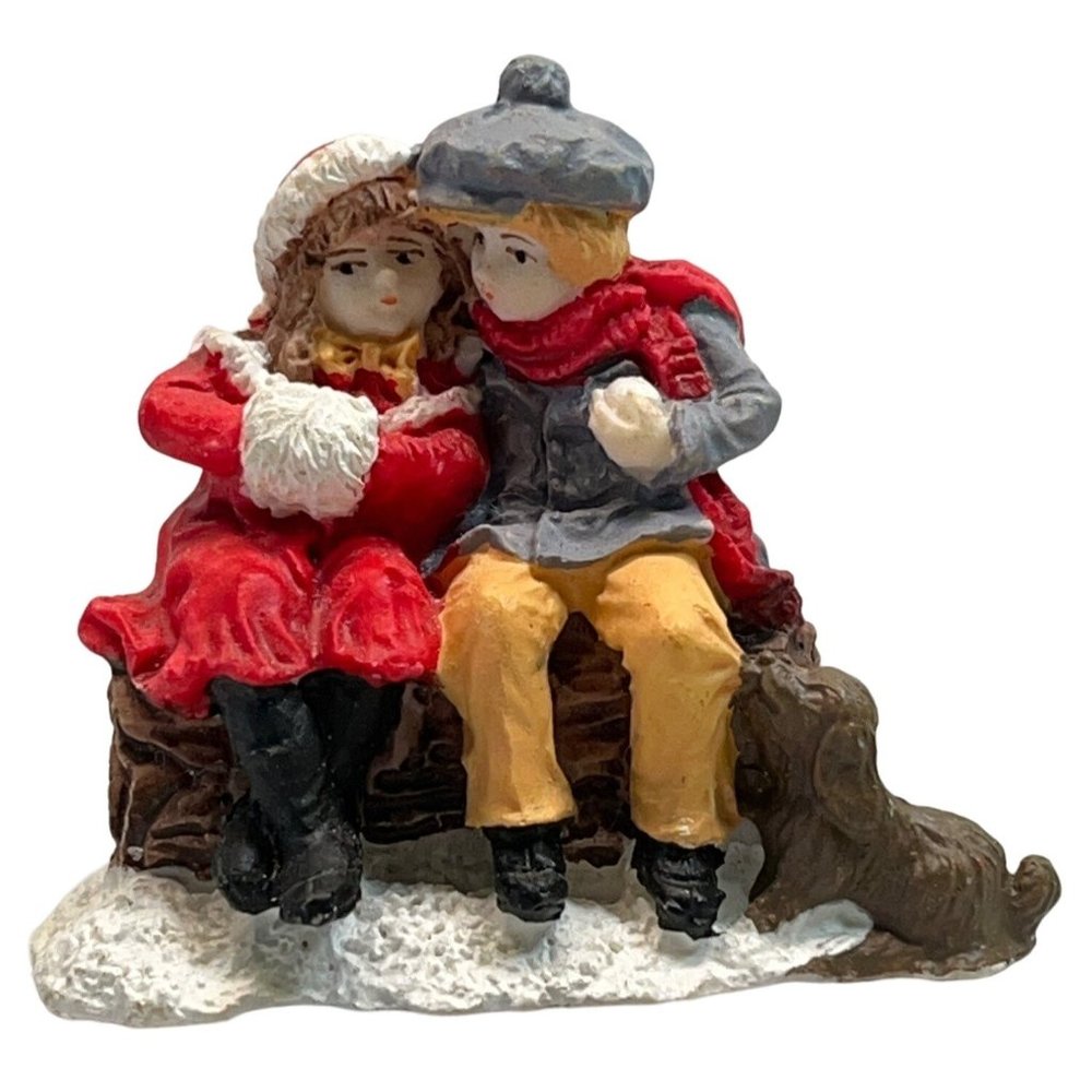 Vintage Christmas Village Figurine Children and Puppy Sitting on Log in Snow